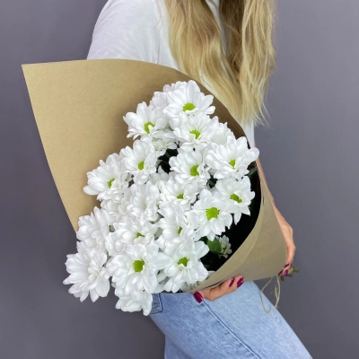 Букет из 5 белых хризантем в крафте – лаконичная элегантность Барыш Ульяновская область Букет из 5 белых хризантем в крафте – лаконичная элегантность Барыш Ульяновская область