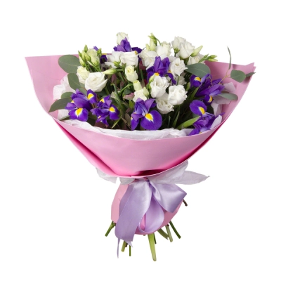 Букет «Подарок» – элегантная композиция из ирисов, эустом и эвкалипта Барыш Ульяновская область Букет «Подарок» – элегантная композиция из ирисов, эустом и эвкалипта Барыш Ульяновская область