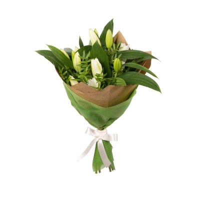 Нежный букет малый из лилий с фисташкой – элегантность в каждой детали Нежный букет малый из лилий с фисташкой – элегантность в каждой детали
