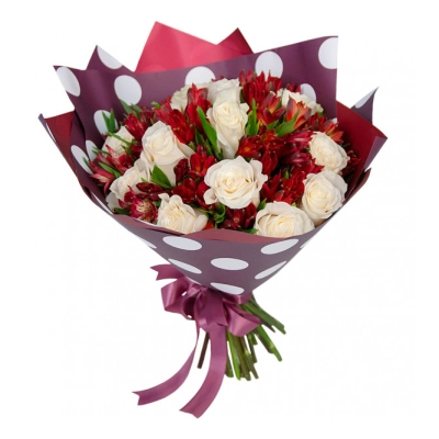 Букет из белых роз и красных альстромерий – гармония страсти и чистоты Барыш Ульяновская область Букет из белых роз и красных альстромерий – гармония страсти и чистоты Барыш Ульяновская область