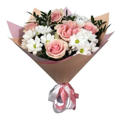 Букет из розовых роз и хризантем – нежность и долговечность Барыш Ульяновская область Букет из розовых роз и хризантем – нежность и долговечность Барыш Ульяновская область