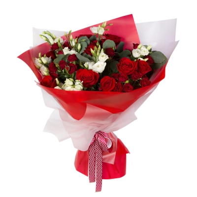Контрастный букет «Рандеву» – красные розы и белые эустомы Барыш Ульяновская область Контрастный букет «Рандеву» – красные розы и белые эустомы Барыш Ульяновская область